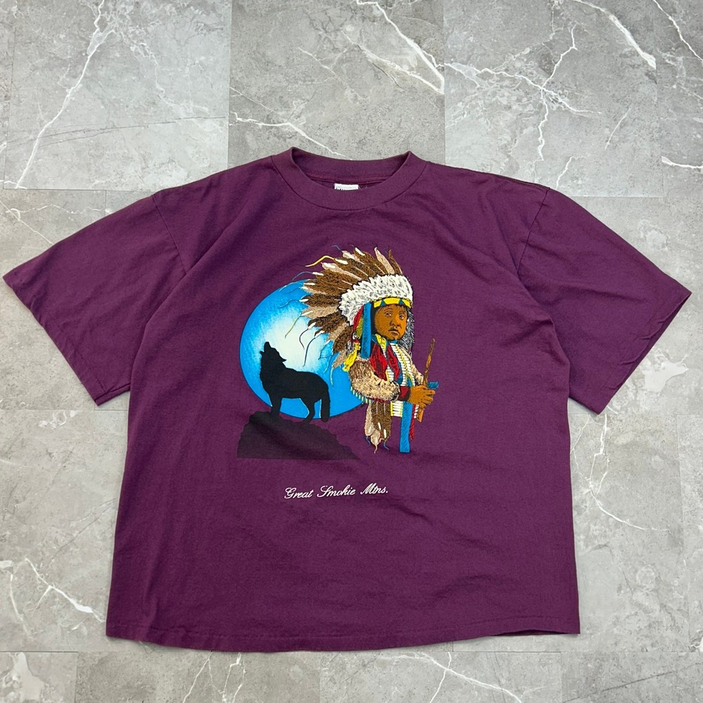 90s Vintage Great Smoky Mountains Graphic Tee Men Large Wolf Nature Native Shirt